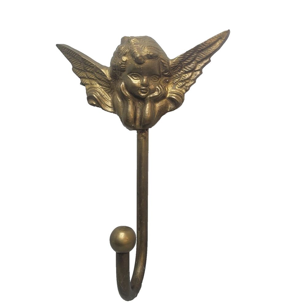 Vintage Solid Brass Cherub Angel 6.5” Wall Hook Hanger Towel Scarf Jewelry Keys